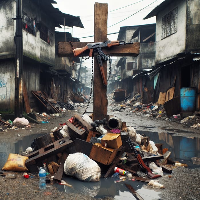 Massive Wooden Cross with Chains and Shotgun in Slum