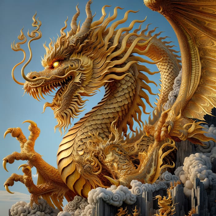 Golden Dragon - Enormous Mythical Creature Atop Craggy Mountain