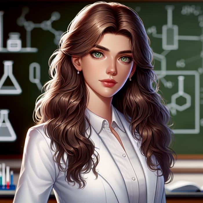 Tall Female Science Teacher with Brown Hair and Green Eyes - Classroom Educator