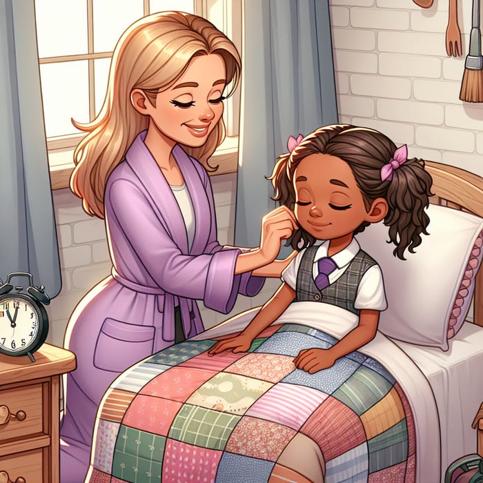 Charming Cartoon Scene: Mom Waking Up School-bound Daughter