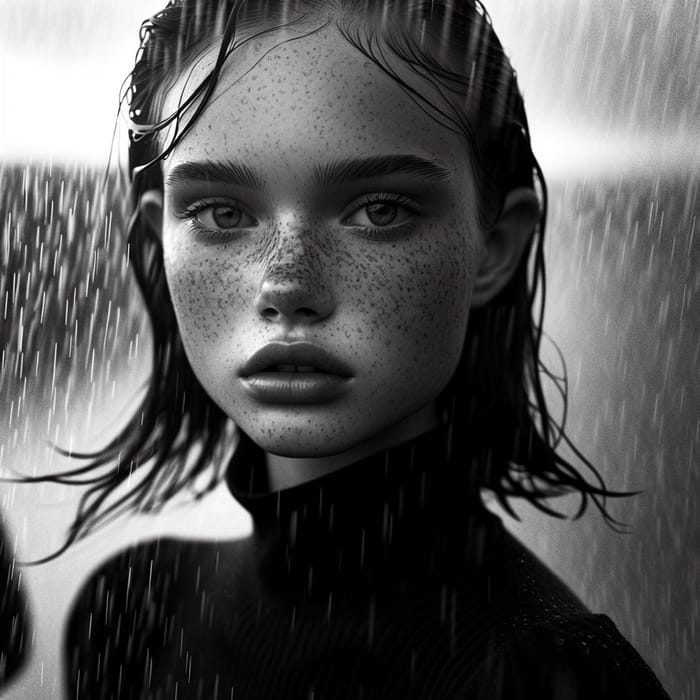 Emotional Rainfall Portrait of Freckled Young Woman in 4k Black and White