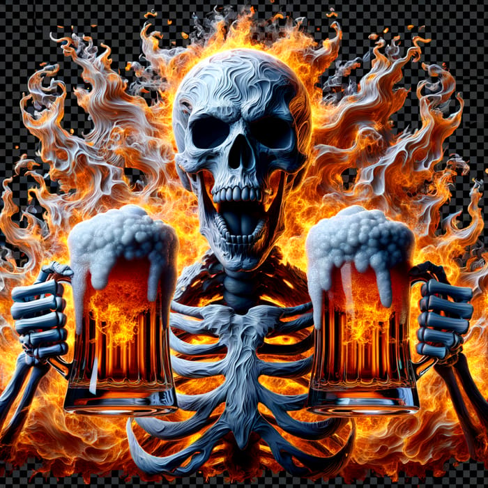 Spooky 3D Skeleton with Beer, Flames, Transparent Background