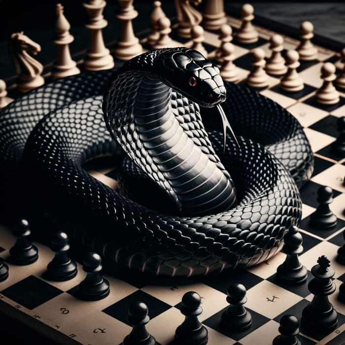 Black Cobra on Chess Board: Tense Encounter with Striking Serpent