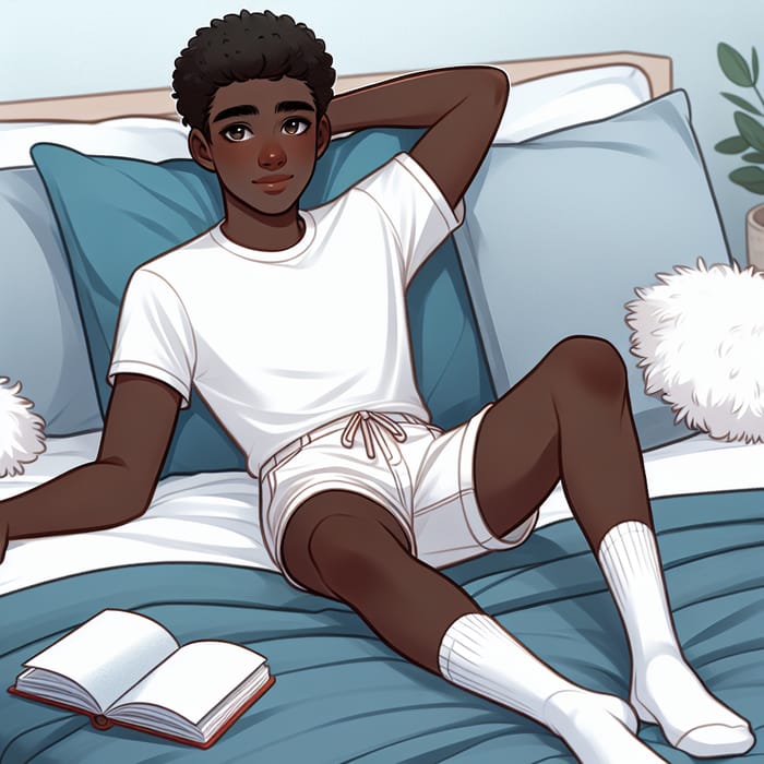 Black Teenager Relaxing on Bed | Soft Blue Blanket & Book | SEO Marketing Specialist's Tips