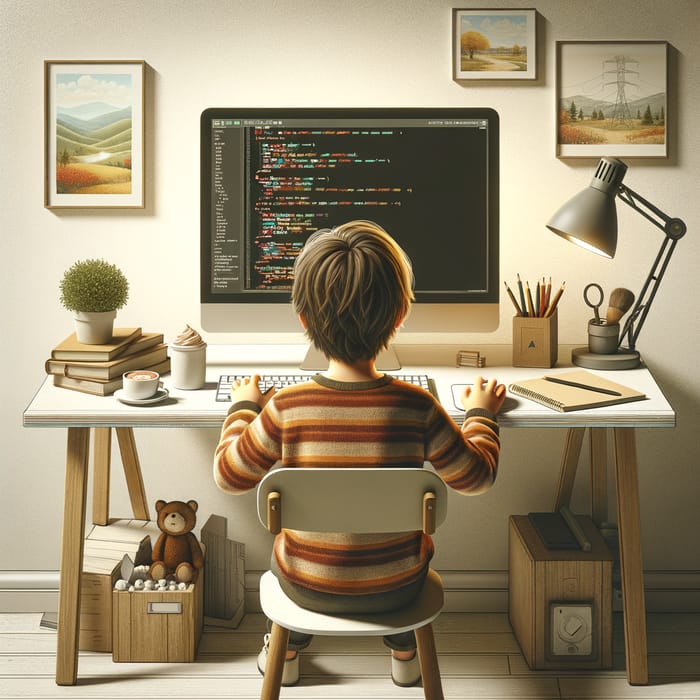 Realistic Child Coding Illustration - Computer Code Scene