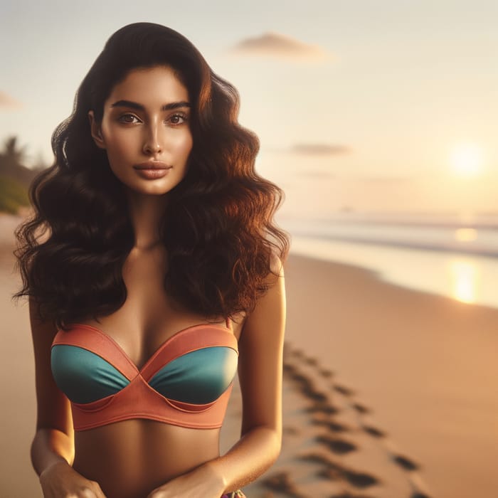 Stunning Bikini Model Poses on Serene Beach at Sunset