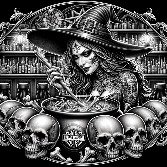 Powerful Witch Tattoo Design with Skeleton-Cauldron and Harley Davidson Elements