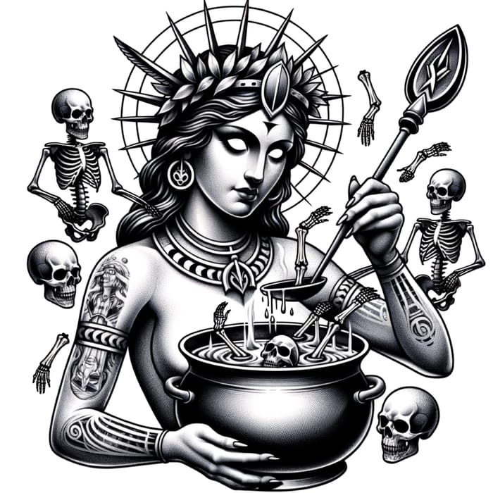 Unique Goddess Tattoo: Stirring Skeletons & Shield Necklace
