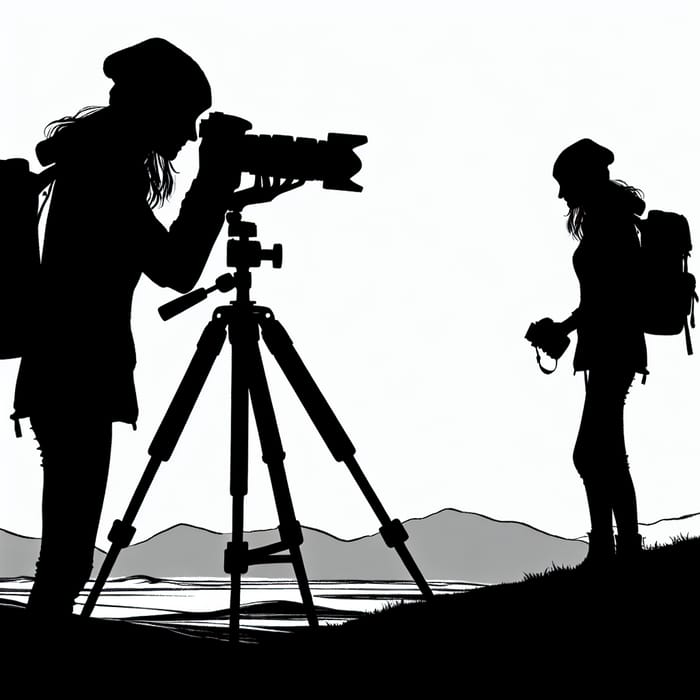 Black and White Female Photographer Silhouette with Camera and Tripod