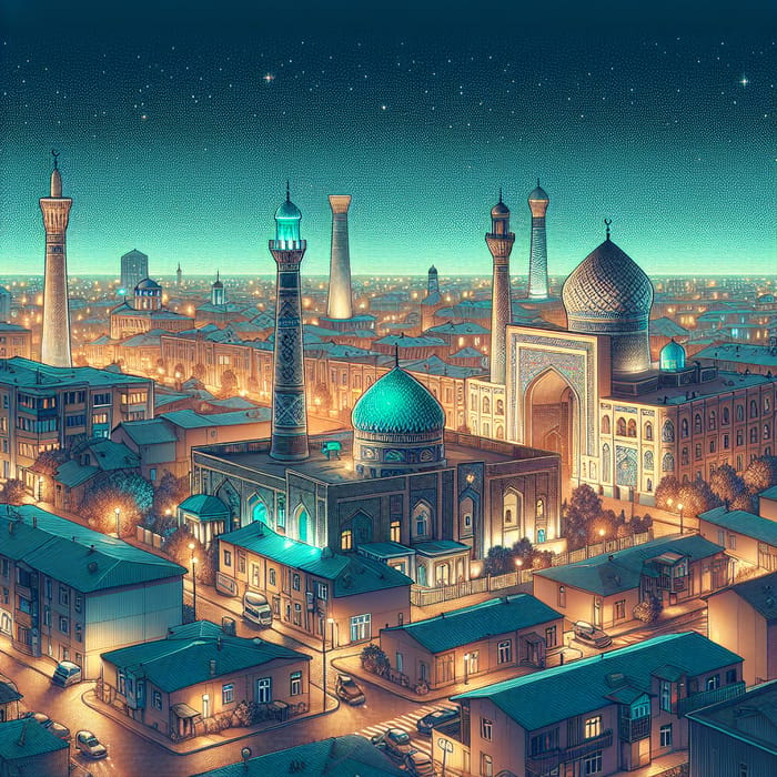Tashkent Night Life: Realistic Photo of Hazrati Imam Mosque & Traditional Mahalla