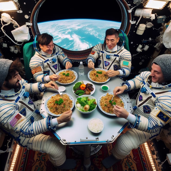 Spacemen Enjoying Uzbek Plov in Space Station