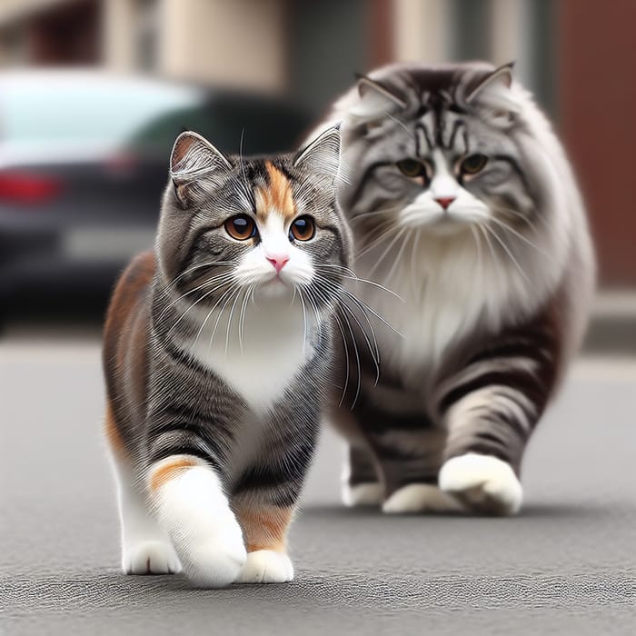 Smooth-Furred Tricolor Cat Walking with Striped Gray Cat