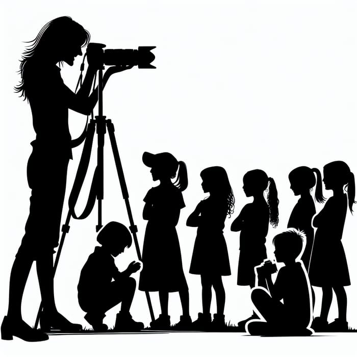 Black and White Silhouette of Female Photographer with Children