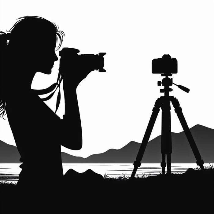 Black and White Silhouette Drawing of Female Photographer with Camera and Tripod