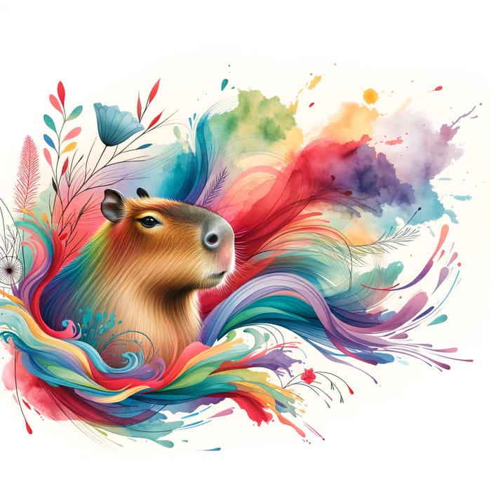 Watercolor Capybara and Abstract Wild Flowers on White Background