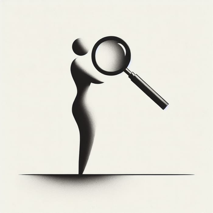 Black and White Minimalist Person with Magnifying Glass Evaluating Sculpture