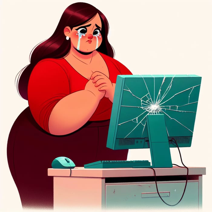 Animated Film: Sad Hispanic Teacher Crying Near Scratched Computer