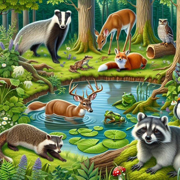 Enchanting Forest Scene with Diverse Wildlife