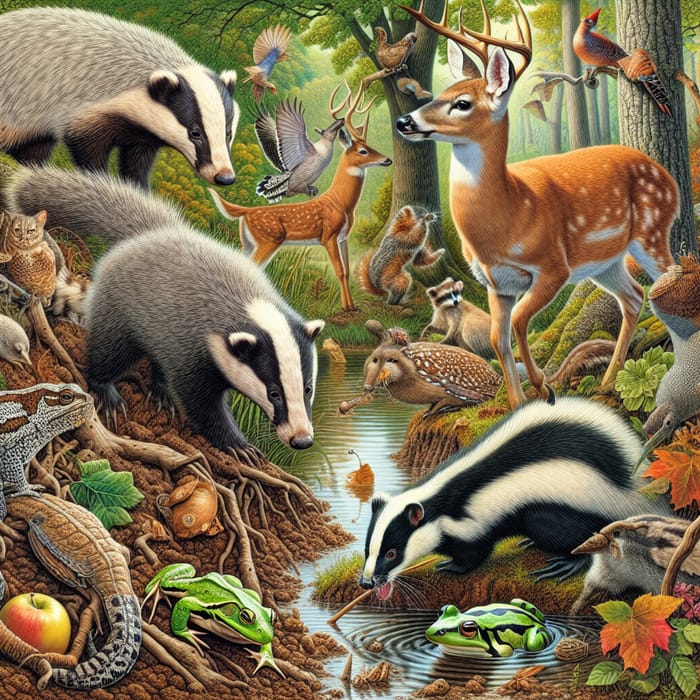 Wildlife Scene: American Badger, Deer, Bullfrog & More