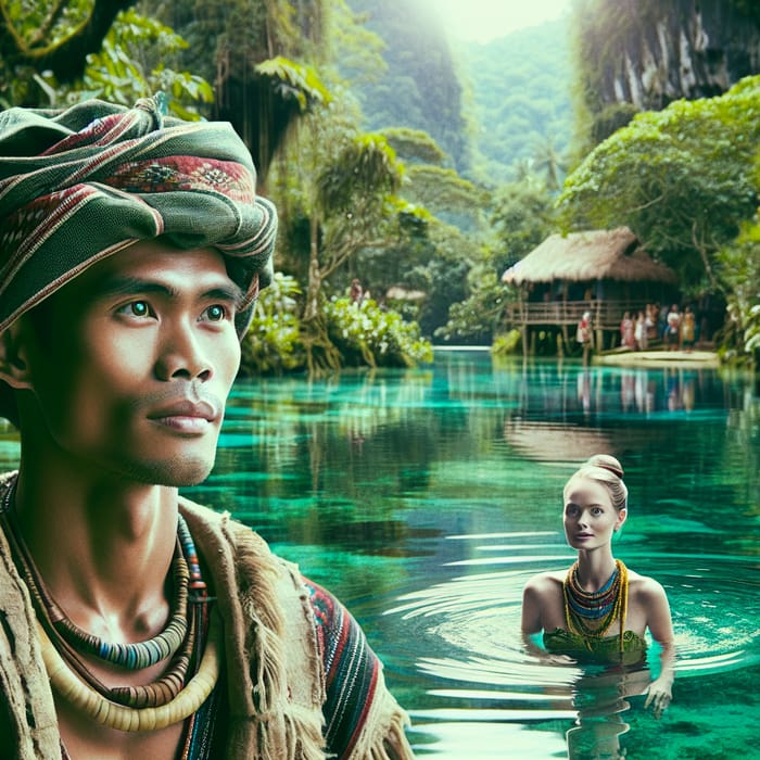 Serene Aeta Village: Indigenous Man, Lady in Verdant Lagoon