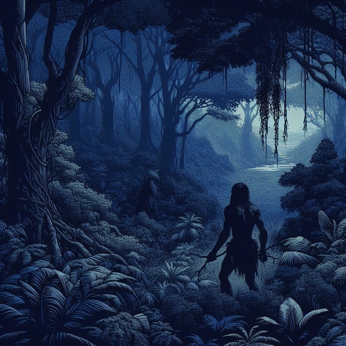 Ancient Jungle in Dark Blue Tones with Primitive Man - Vector Art