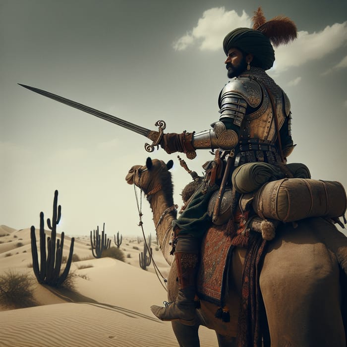 Indian Rajput Warrior with Damascus Sword on Camel in Desert