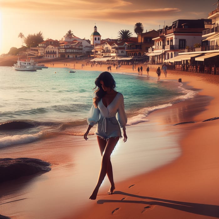 Hispanic Woman Enjoying Sunset Stroll in Punta del Este