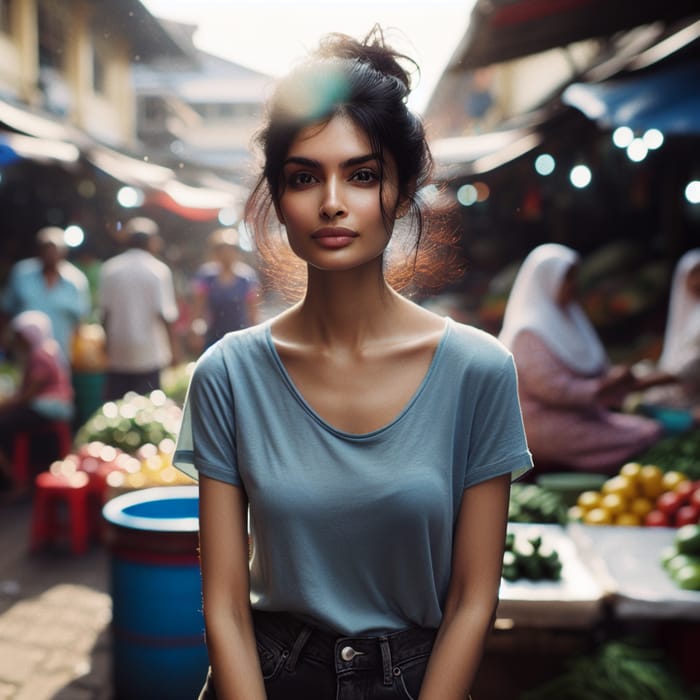 South Asian Woman in Marketplace | Black Jeans, Blue T-shirt