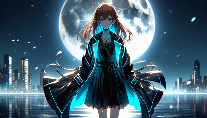 Tranquil Anime Girl in Black and Cyan Long Jacket-Coat | Moonlit Scene