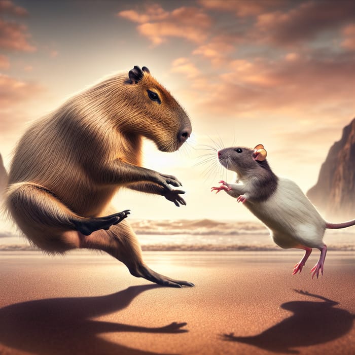Capybara vs Rat: Epic Kung-Fu Showdown on Sunset Beach | AI Art