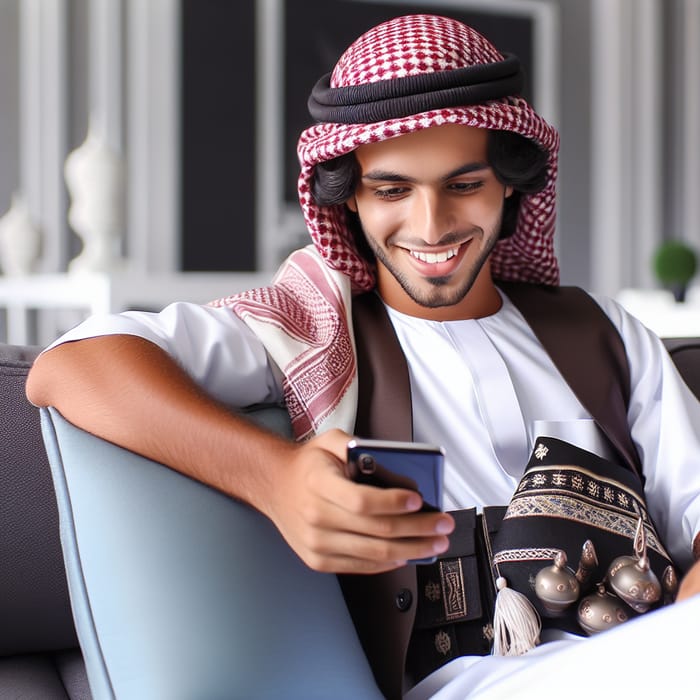 Happy young man in Yemeni attire on sofa using mobile phone