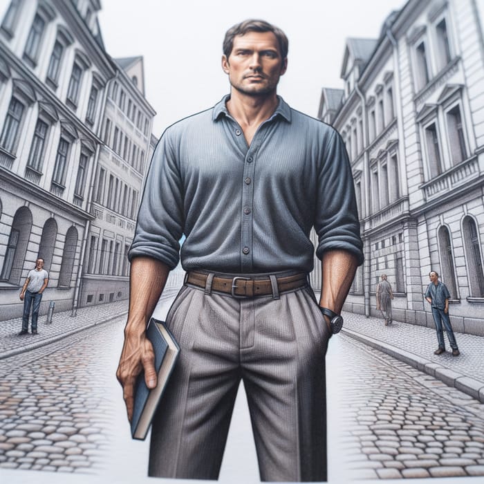 Adult Man in Blue Shirt Standing on Cobblestone Street