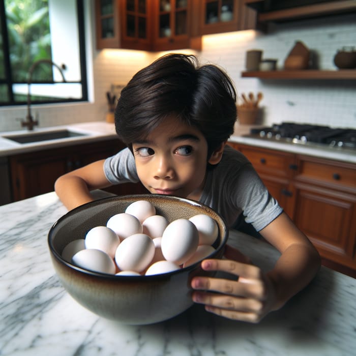 Playful Boy Sneaking Eggs from Bowl in Kitchen