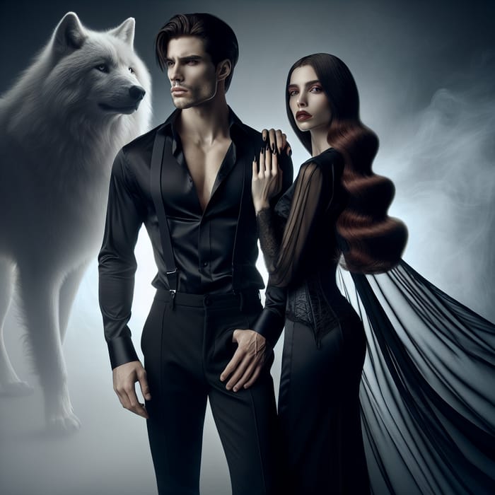 Beautiful Vampire Pair with Mysterious White Wolf | Dark Fantasy Photography