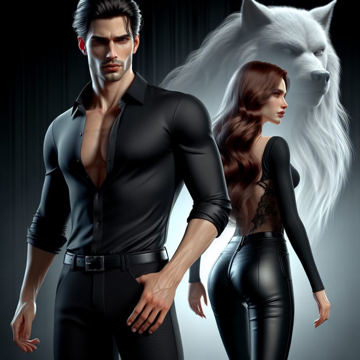 Seductive Vampire Pair with Mysterious Ghostly Wolf - Dark Fantasy