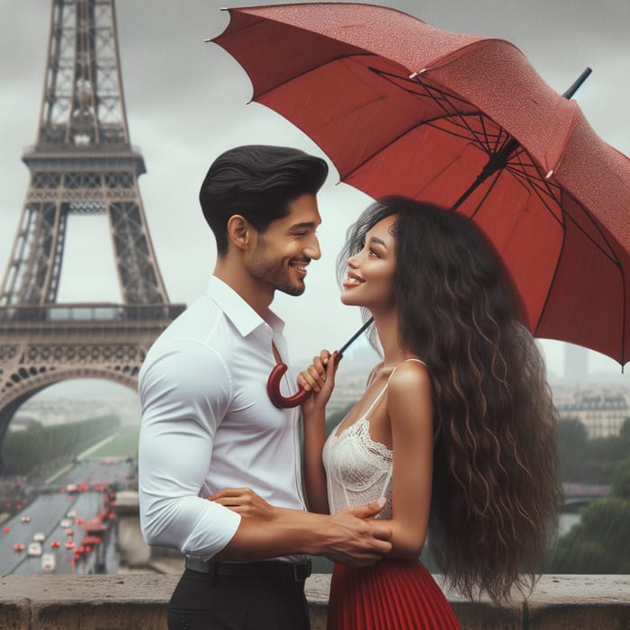 Realistic Image of Romantic Couple Under Red Umbrella at Eiffel Tower