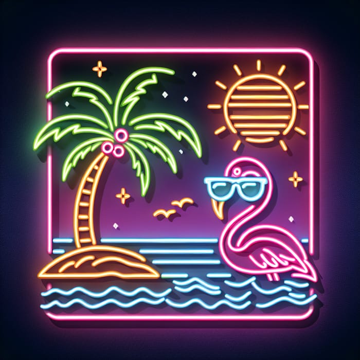 Tropical Neon Sign: Coconut Tree, Flamingo & Sea View
