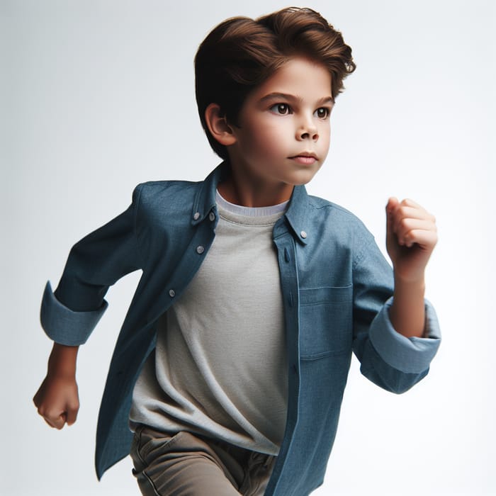 Energetic Young Boy Marching on White Background