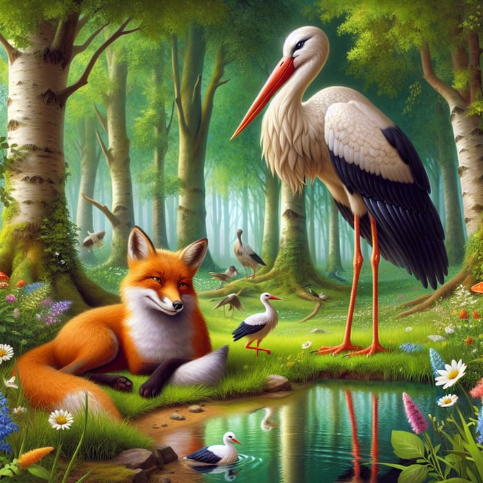 Fox and Stork Fable in Picturesque Forest