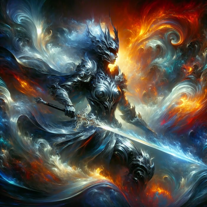 Intrepid Black Female Warrior with Flaming Sword | Abstract High Fantasy Scene