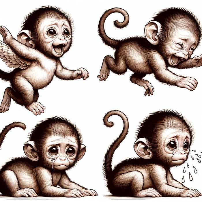 Cute Baby Monkeys in 2D Art: Jumping, Crying, Back & Side Pose