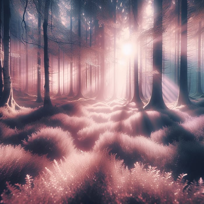 Enchanting Mystical Forest: Sunlit Tranquility in Soft Pastels