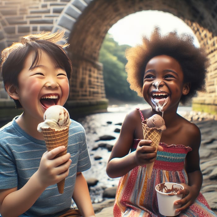 Sibling Bonding: Joyous Ice Cream Moment Under Stone Bridge