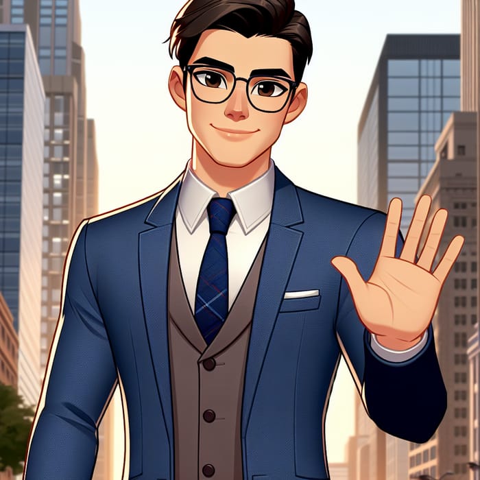 Confident Caucasian Man in Blue Suit with Glasses