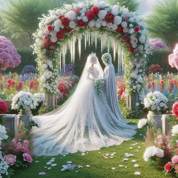 Enchanting Wedding Scene in Lush Floral Garden