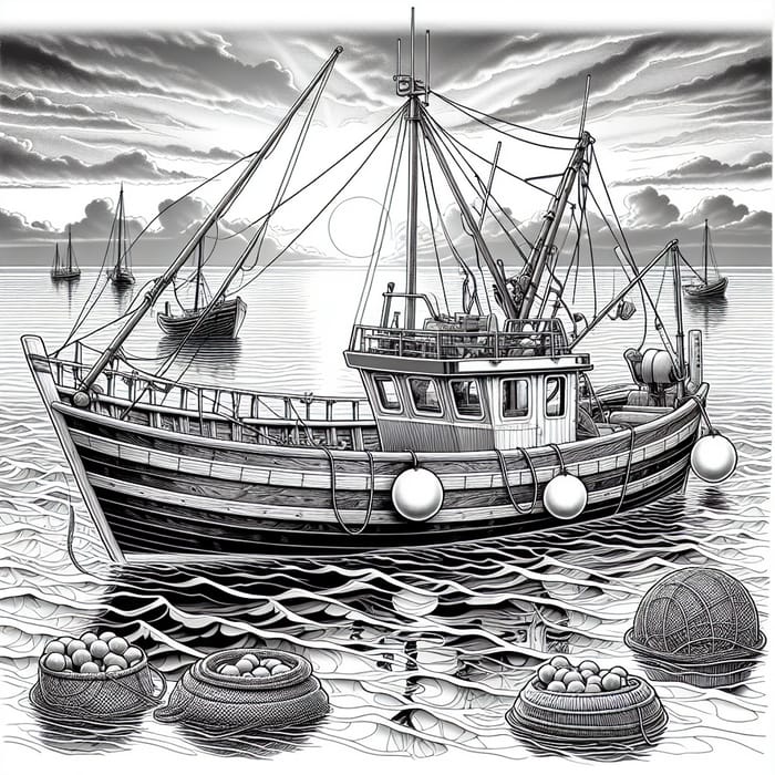 Detailed Fishing Boat Coloring Page with Wooden Cabin