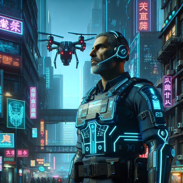 Cyberpunk Security Officer Amidst Neon Urban Sprawl
