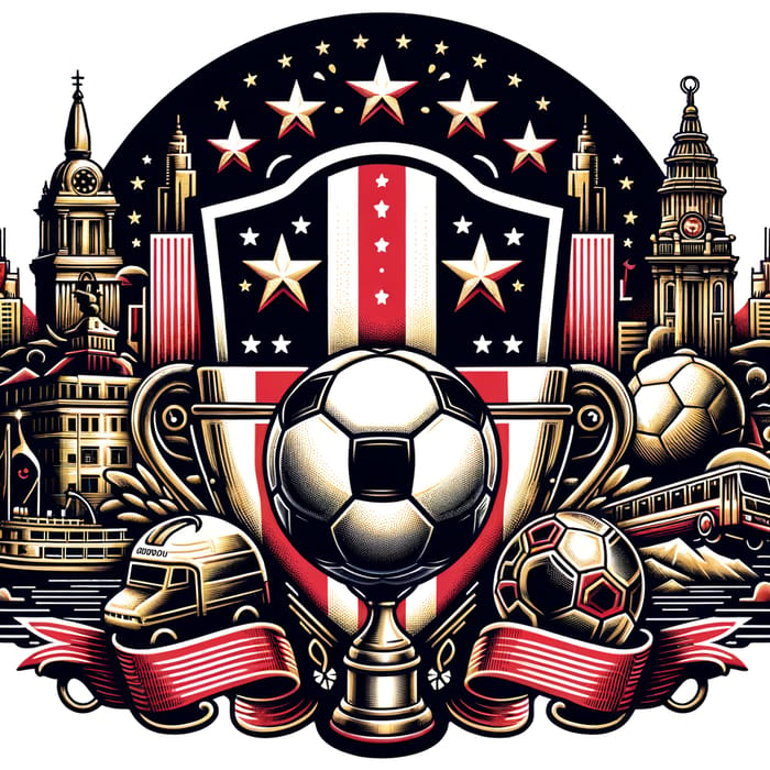 DIM emblem with iconic Medellín symbols, football, and trophies