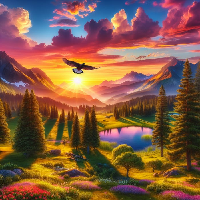 Majestic Sunset Mountain View with Soaring Bird
