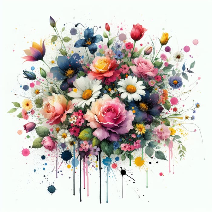 Whimsical Watercolour Flowers with Vibrant Blooms and Creative Paint Splatters